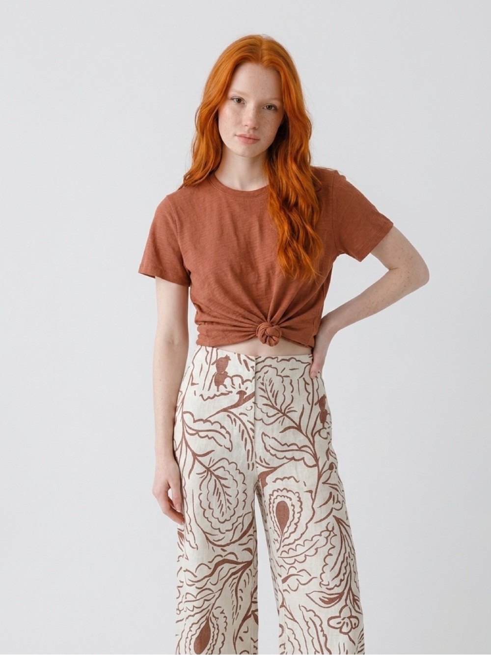 Wide Leg Printed Linen-Blend Pants in Rust and Cream